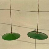 Industrial suspension pair with XL enamelled metal lampshade.