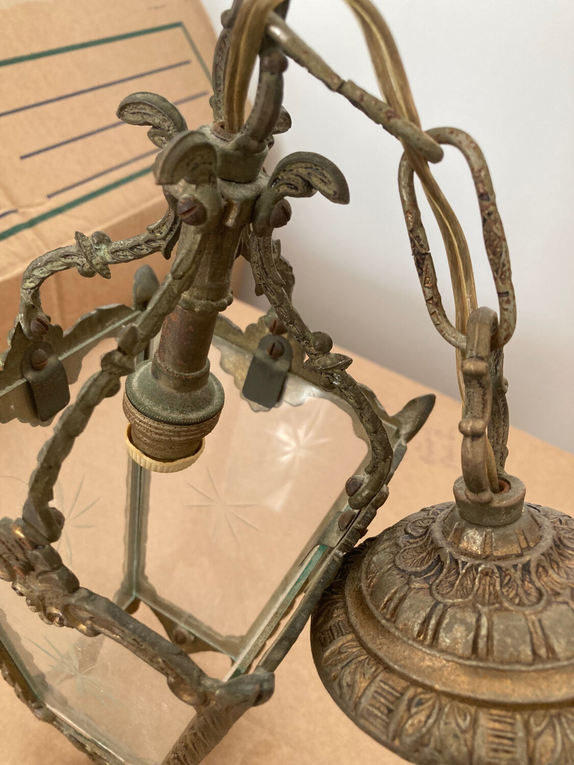 Pair of bronze and glass pendant lamps