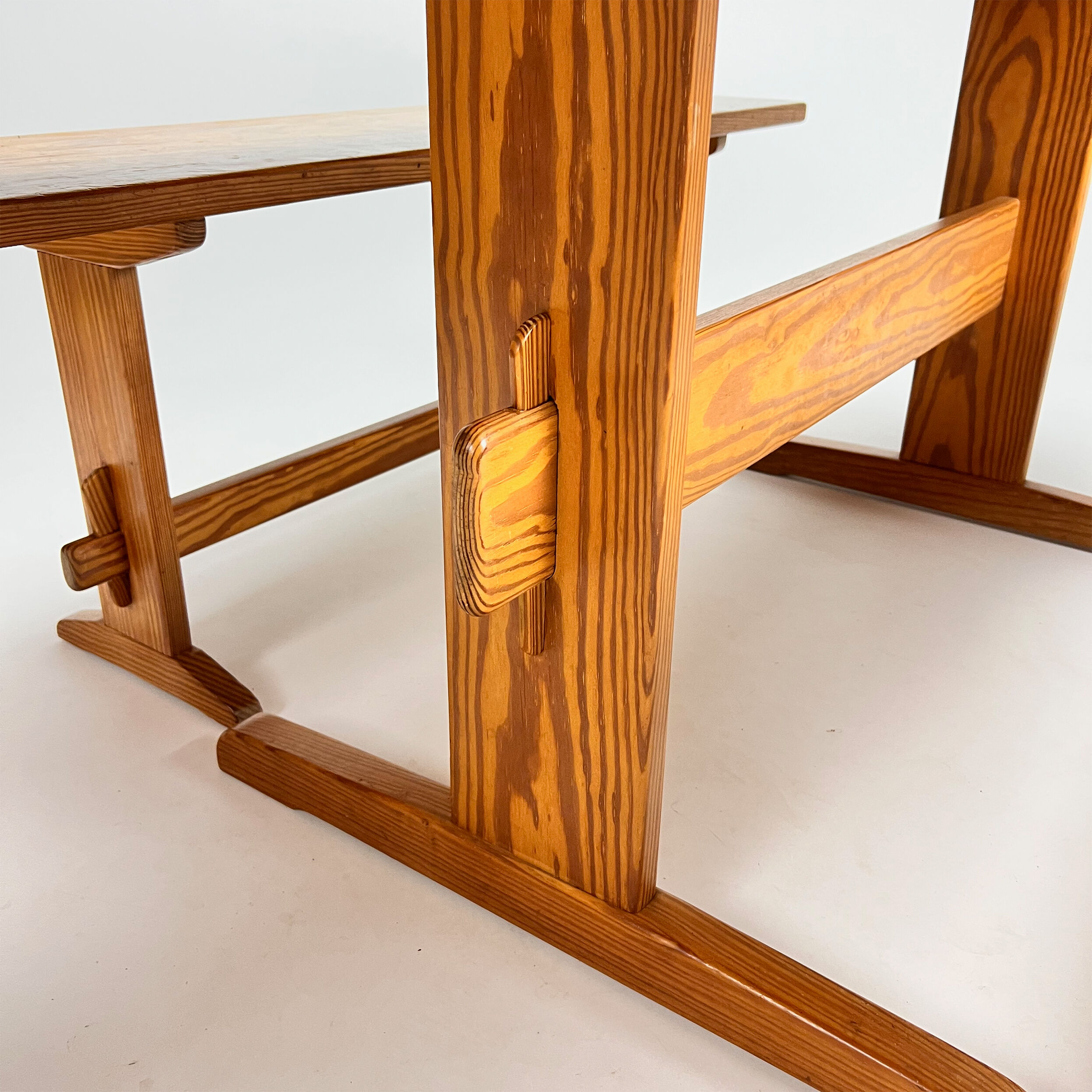 Mid century scandinavian pine dining set consists of one table and two benches, 1960s