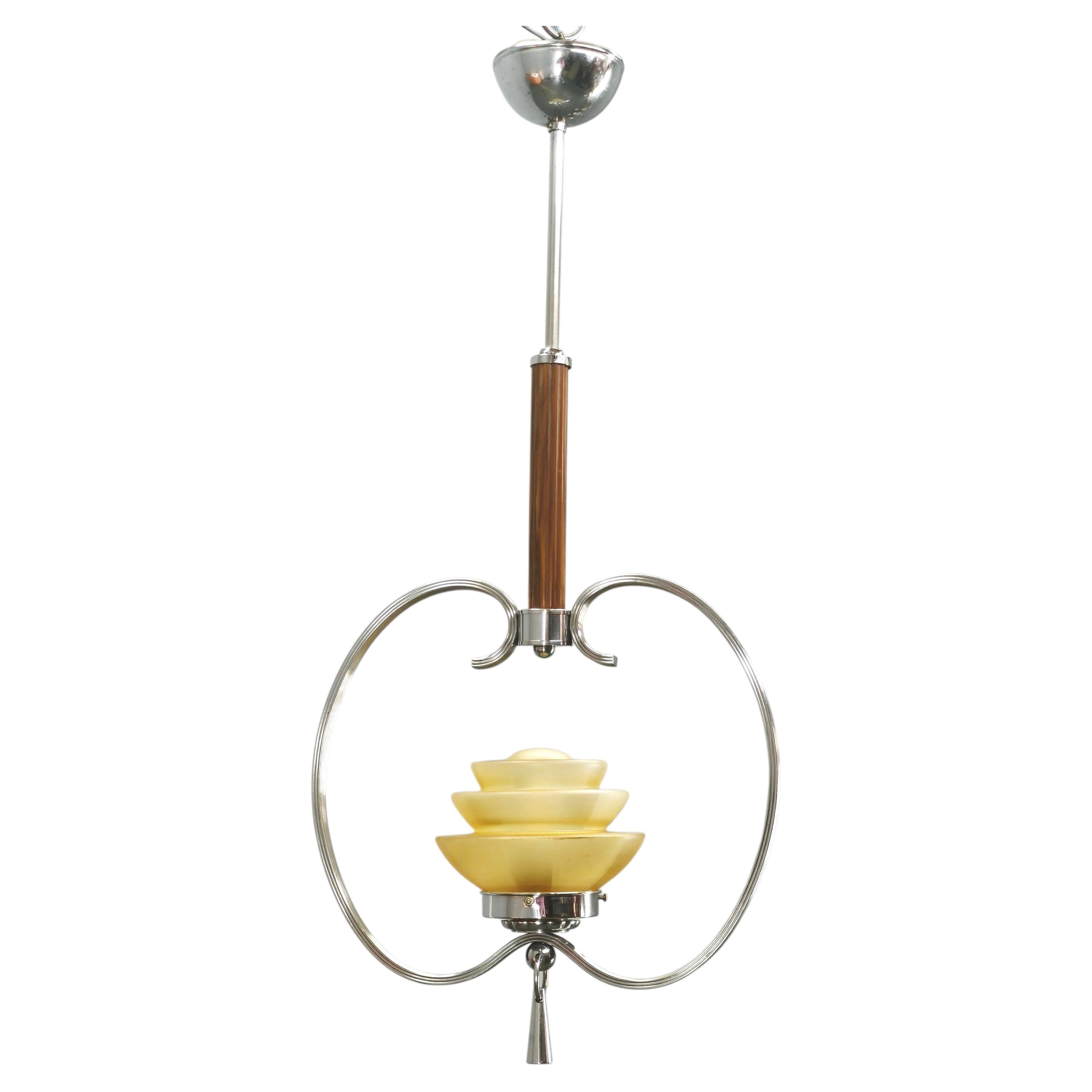 1930s Czech Art Deco Chrome and Frosted Glass Chandelier