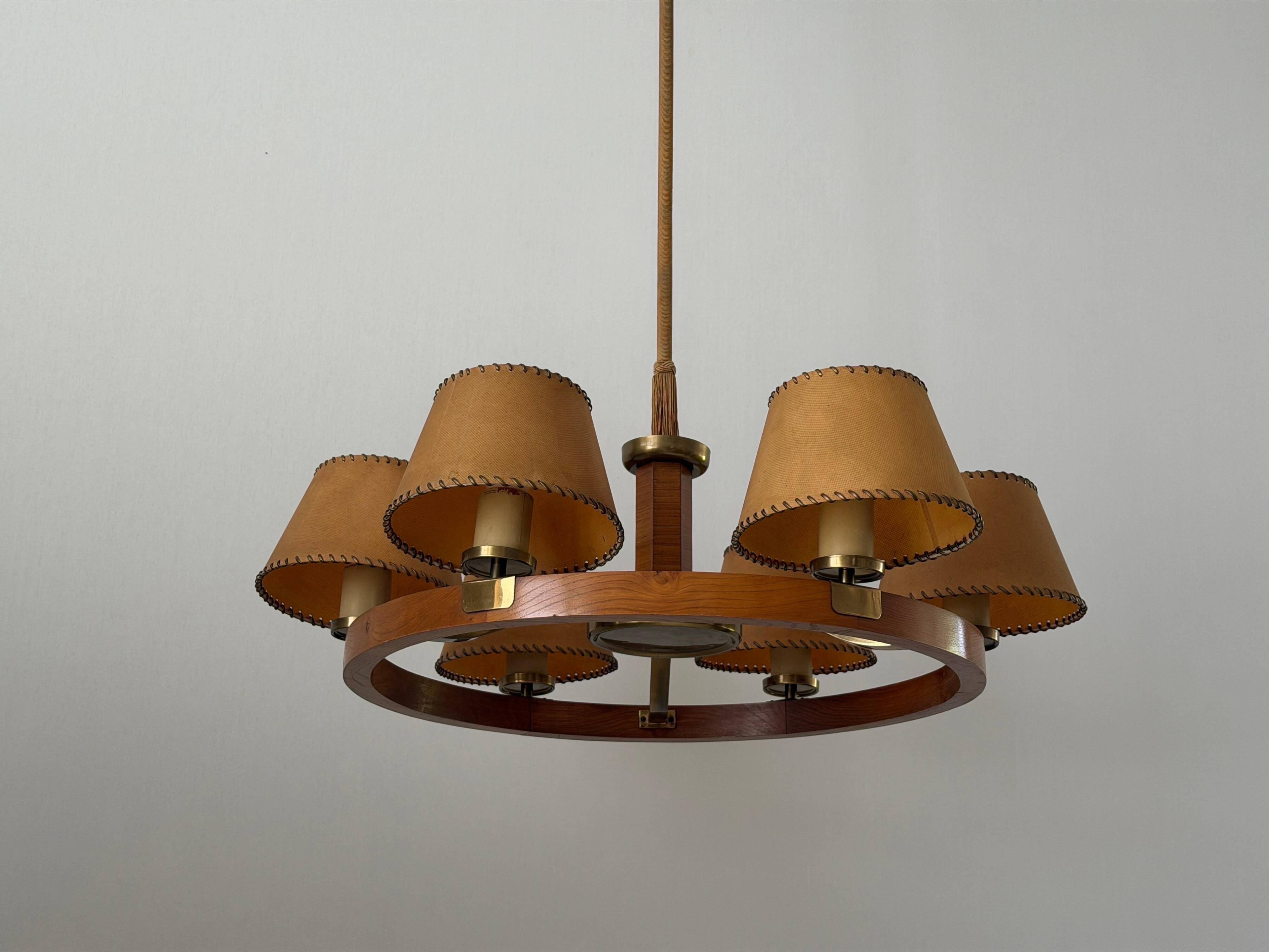 6 wooden paper head chandeliers with brass details, 1960s, Germany