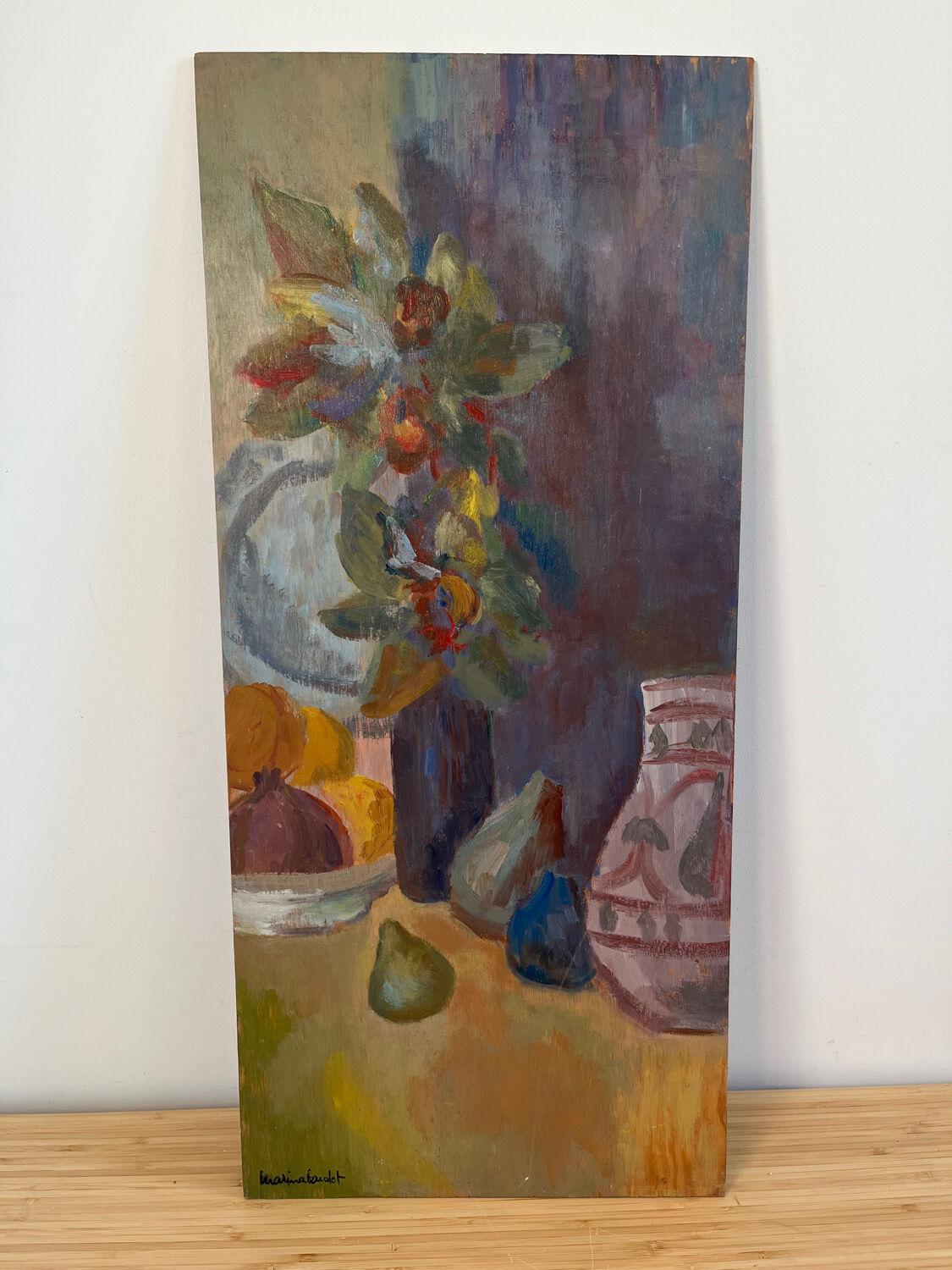 Still life and flowers, oil on panel signed Marina Farolet.