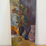 Still life and flowers, oil on panel signed Marina Farolet.