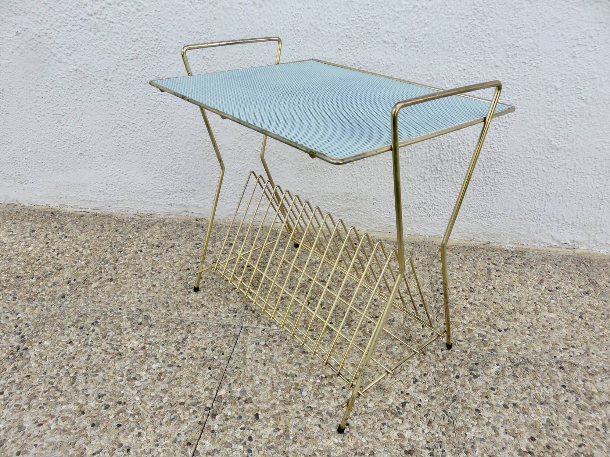 Side table for vinyl records in the style of Mathieu Mategot, perforated metal, 1960.