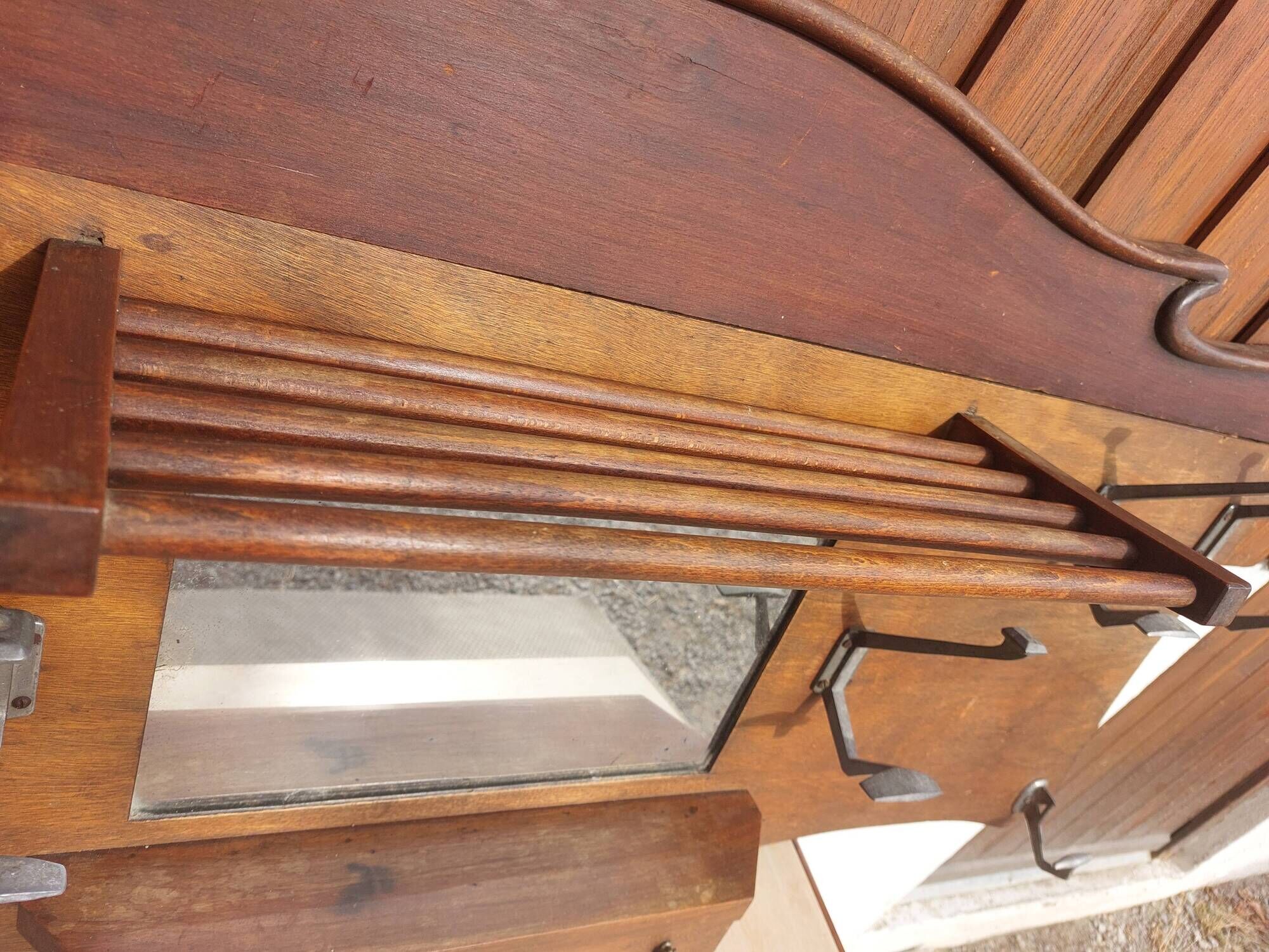 coat rack, hooks, wood and metal, vintage