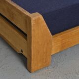 Wooden bench with midnight blue fabric, France, circa 1955