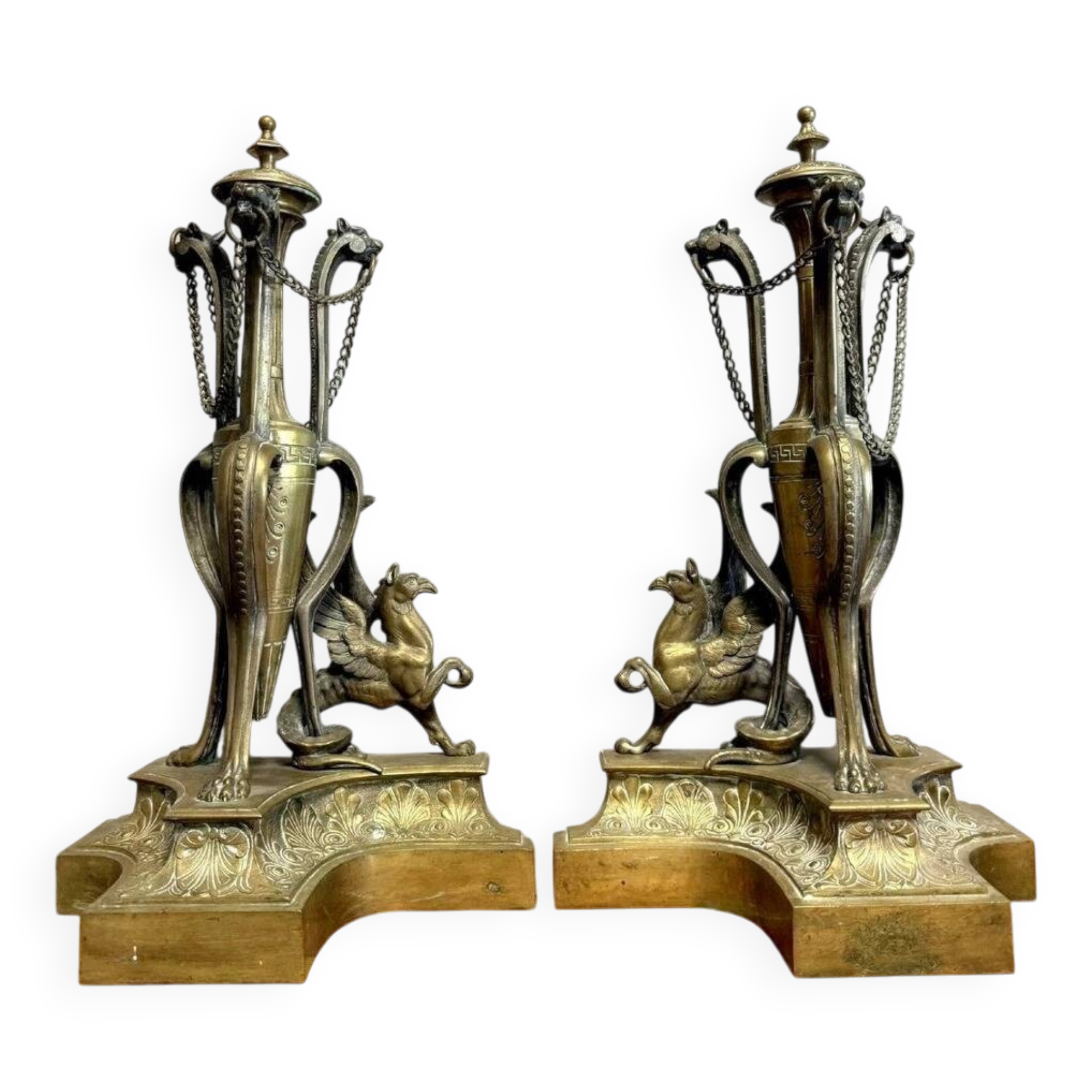 Pair of very large castle andirons in gilded bronze from the Napoleon III period