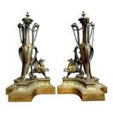 Pair of very large castle andirons in gilded bronze from the Napoleon III period