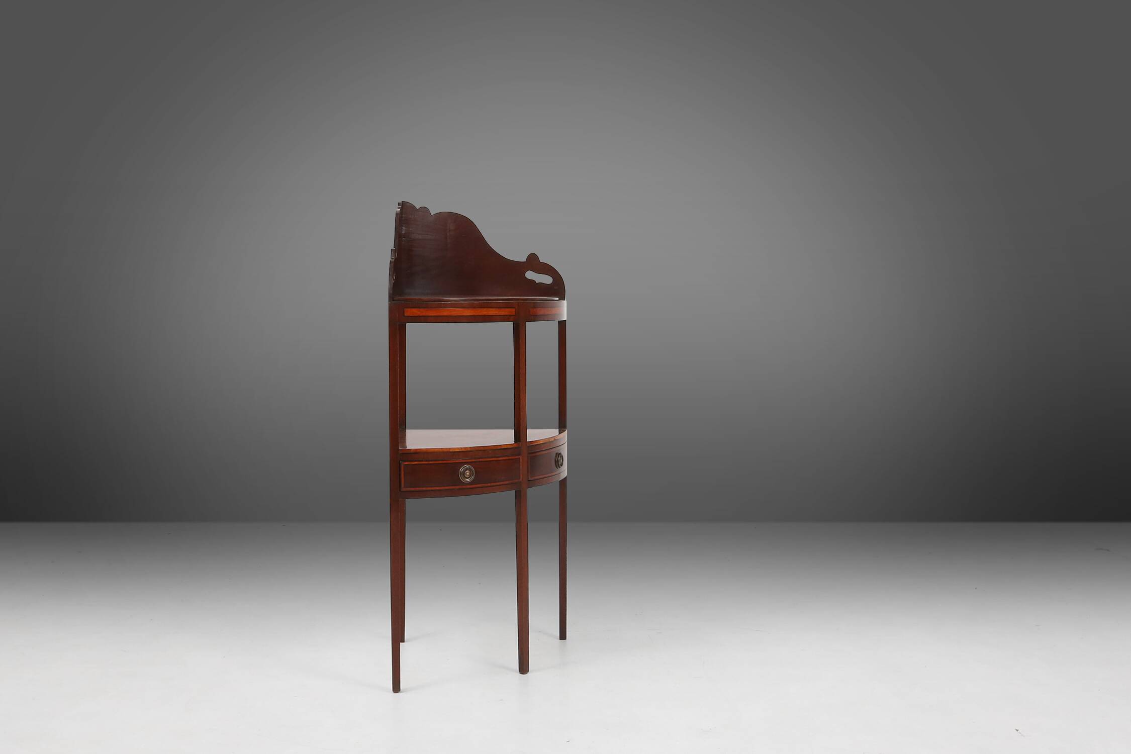 Elegant antique corner cabinet with wood inlay and 2 drawers, France ca. 1850