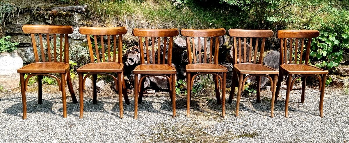 6 curved wooden bistro chairs 60s