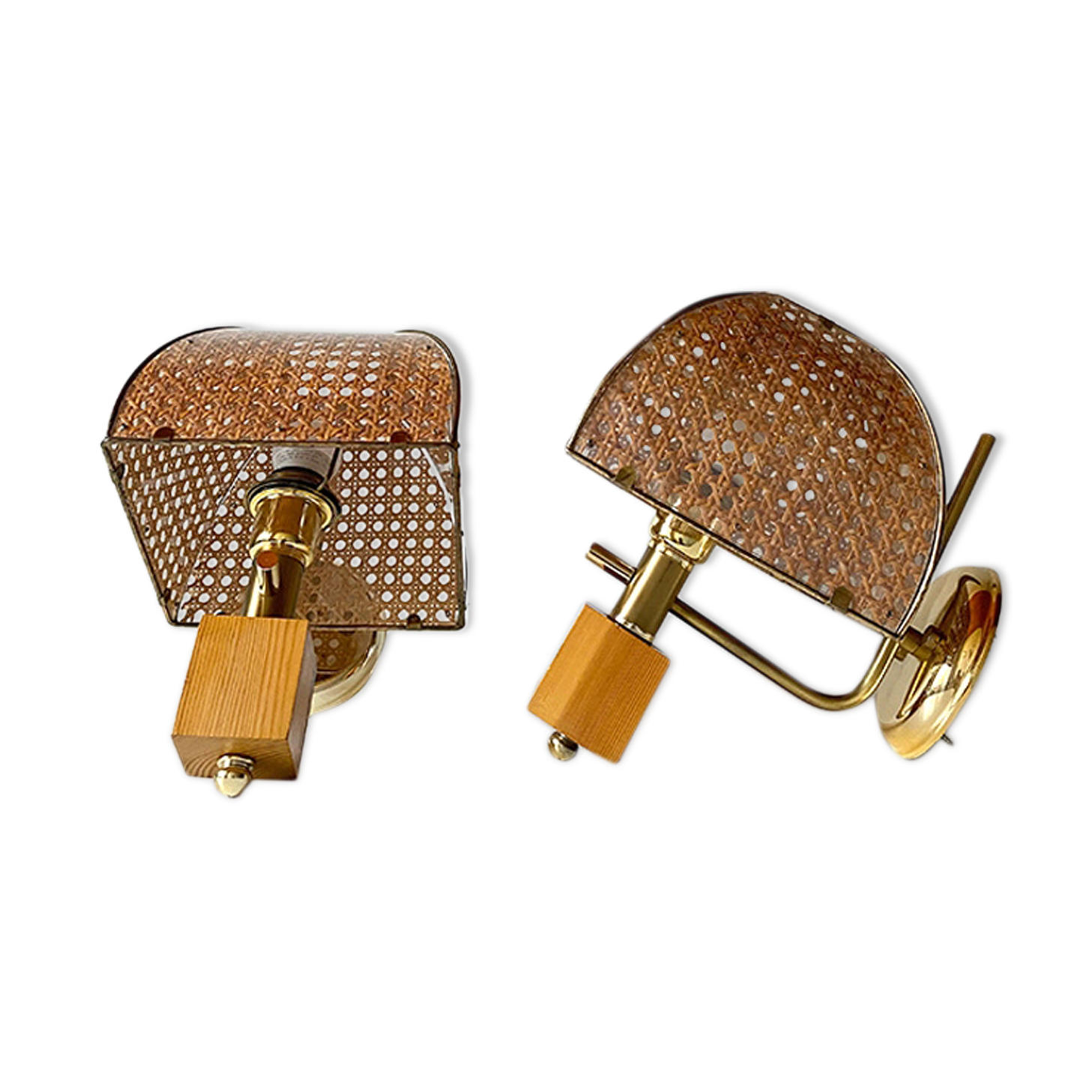 Pair of brass and canning wall lamps