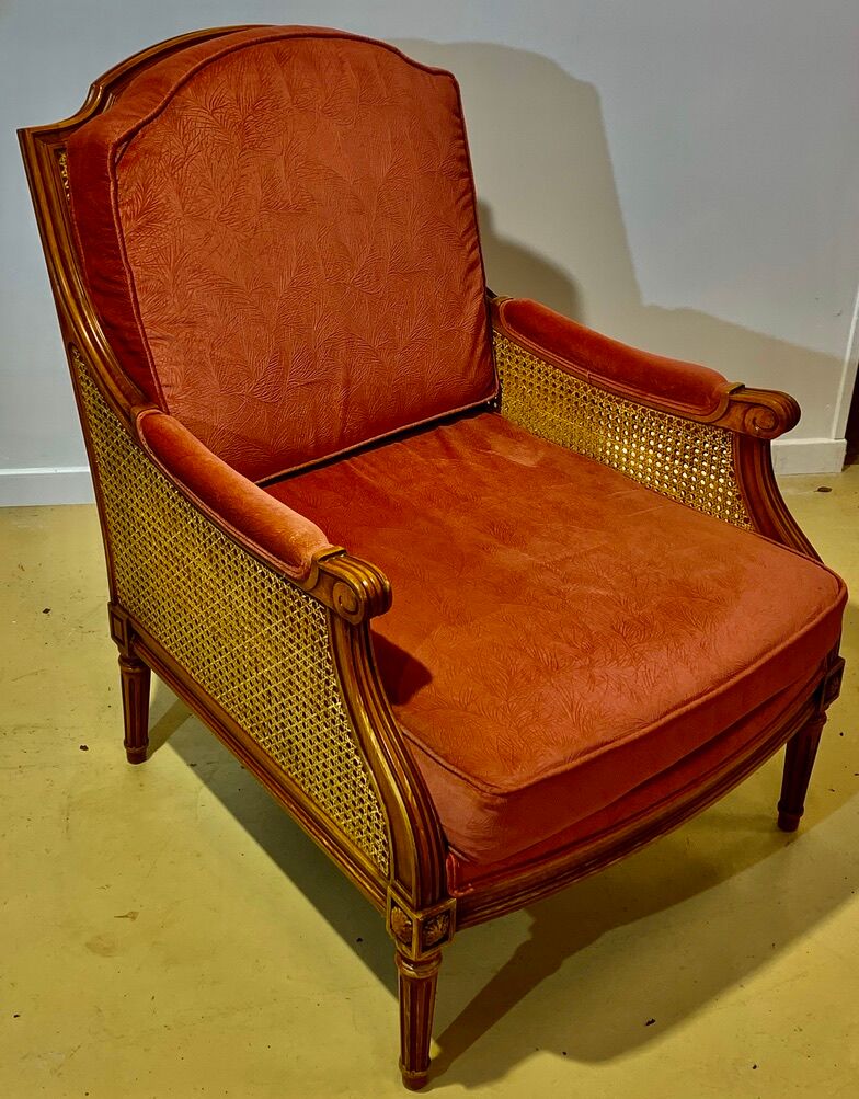 Pair of armchairs in cannage and pink velvet