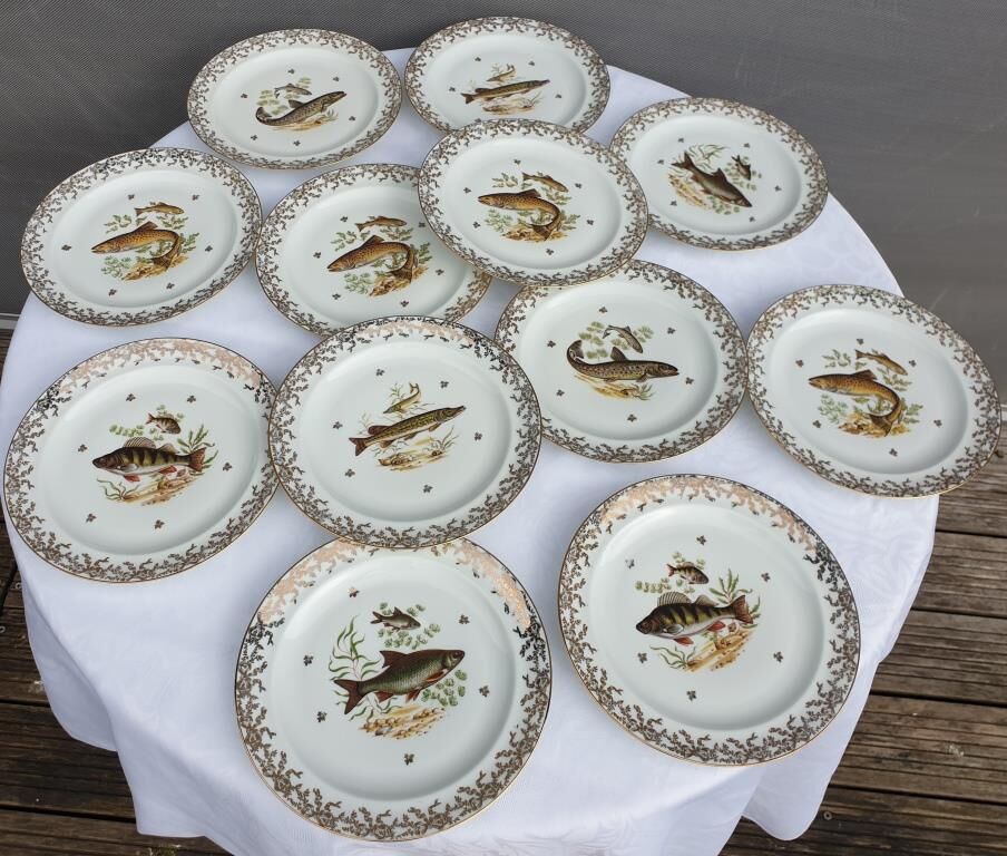 Set 12 plates porcelain gold fine fish fern limousine de Chastagner
