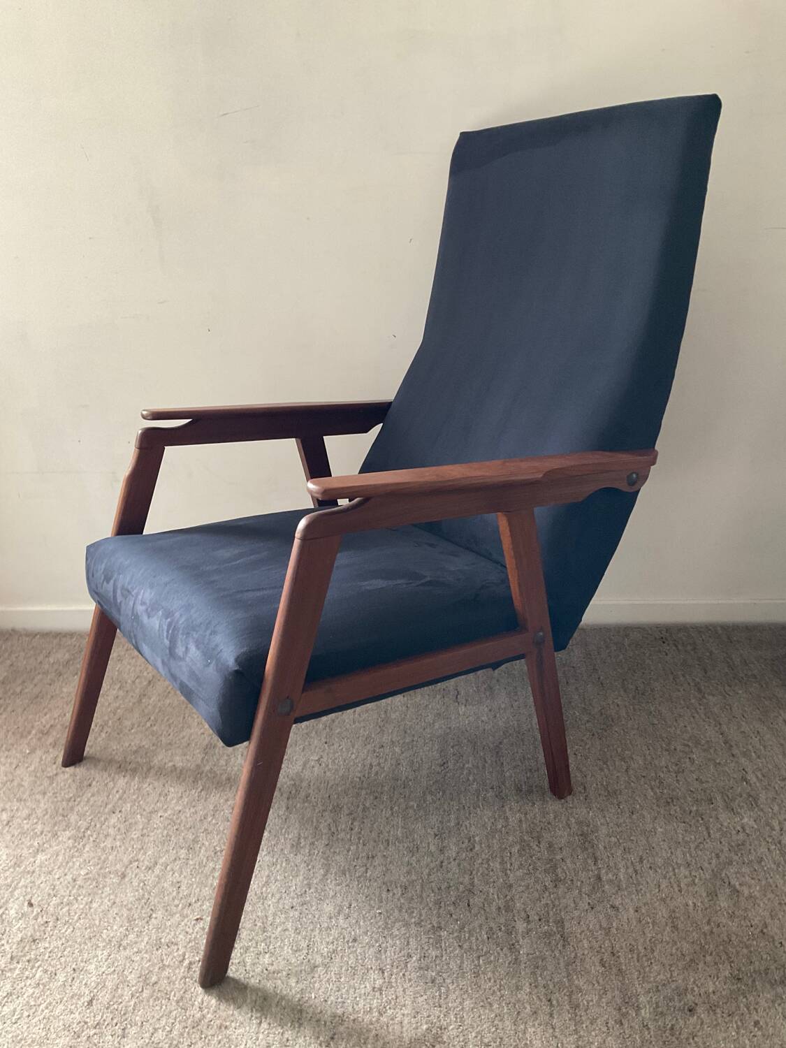Scandinavian teak and velvet armchair from the 60s