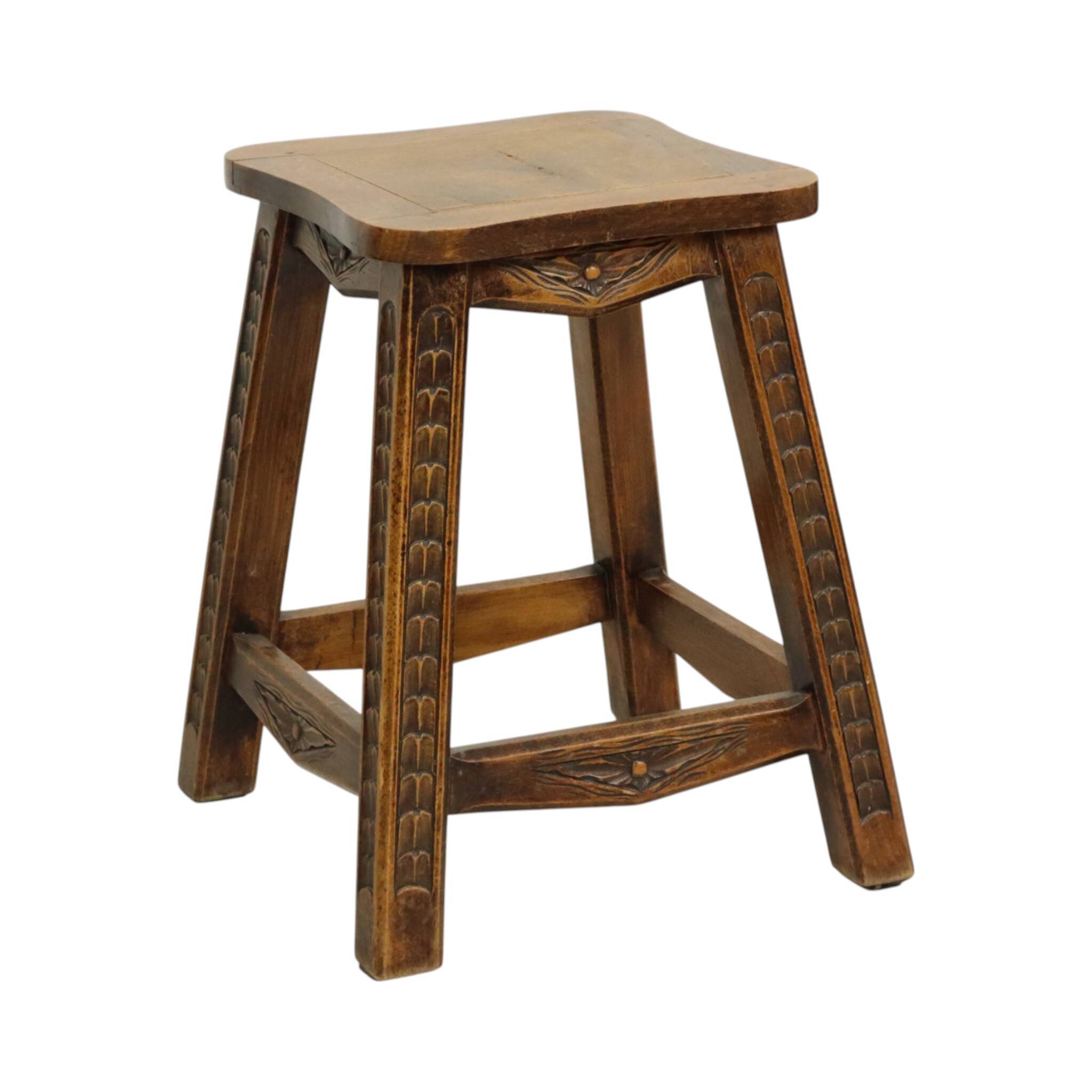 Characterful Solid Wood Vintage Stool Sculpted