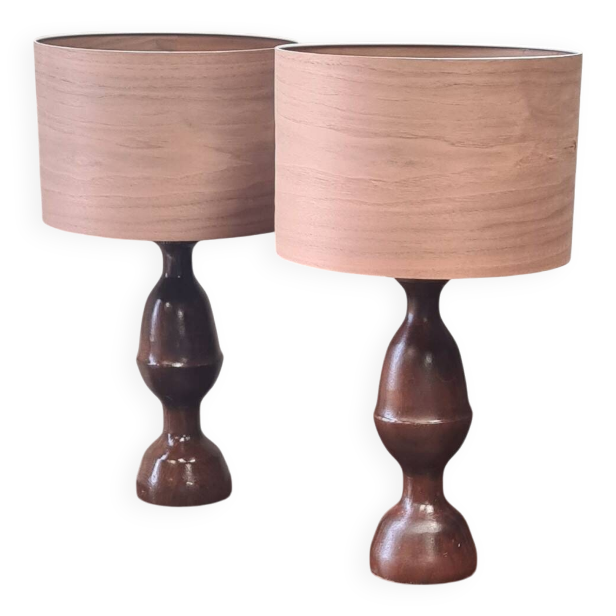 pair of 1960s Scandinavian lamps in solid varnished wood and veneered lampshades