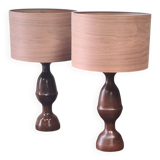 pair of 1960s Scandinavian lamps in solid varnished wood and veneered lampshades