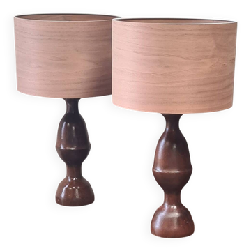 pair of 1960s Scandinavian lamps in solid varnished wood and veneered lampshades