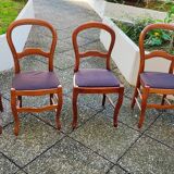 Set of 4 chairs in solid cherry; Louis Philippe style; Violin file; Seat in moleskine
