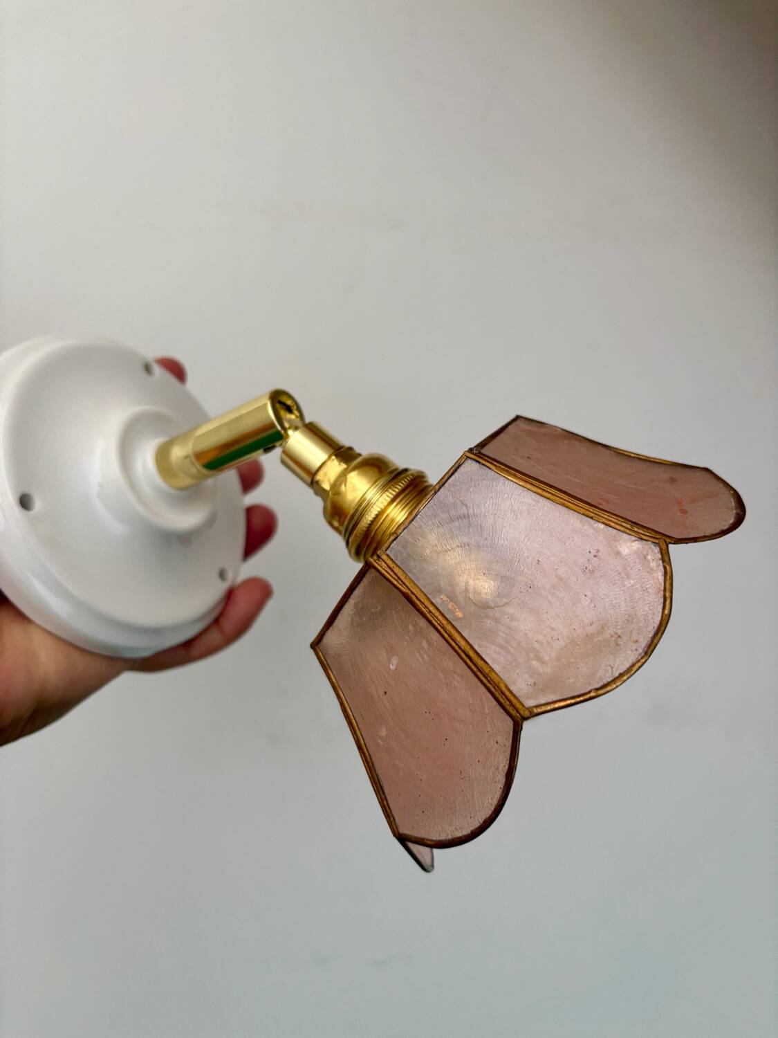Vintage mother-of-pearl and brass wall lamp with lampshade