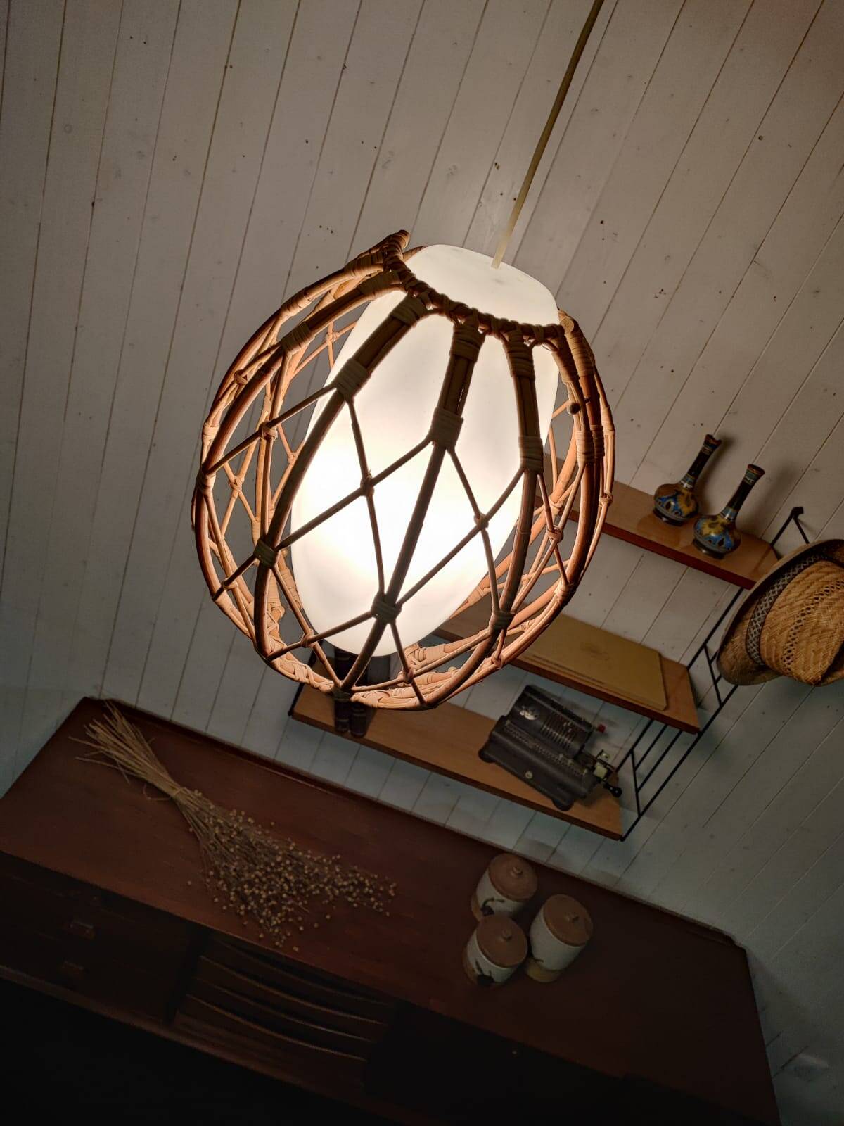 Vintage rattan and opaline pendant light