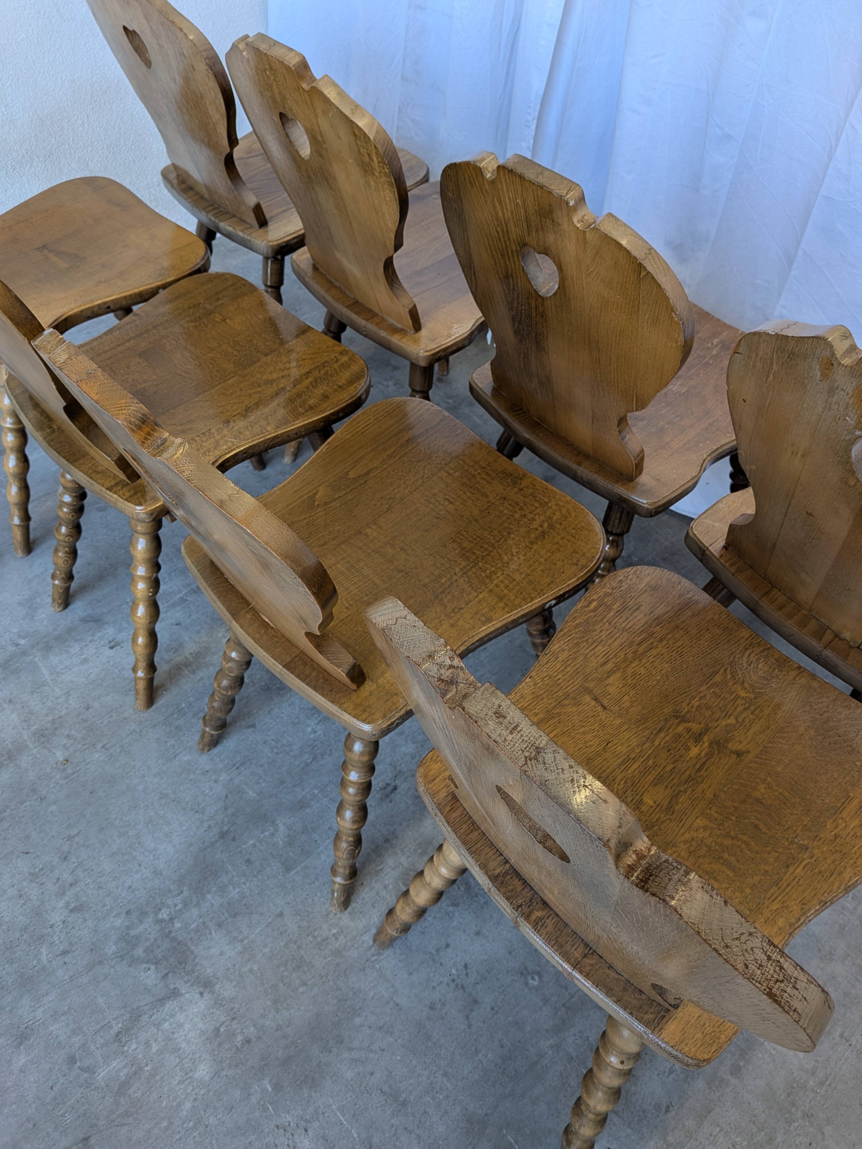 Set of 8 Vintage Tyrolean Heart Cutout Wooden Dining Chairs / Darker Brown