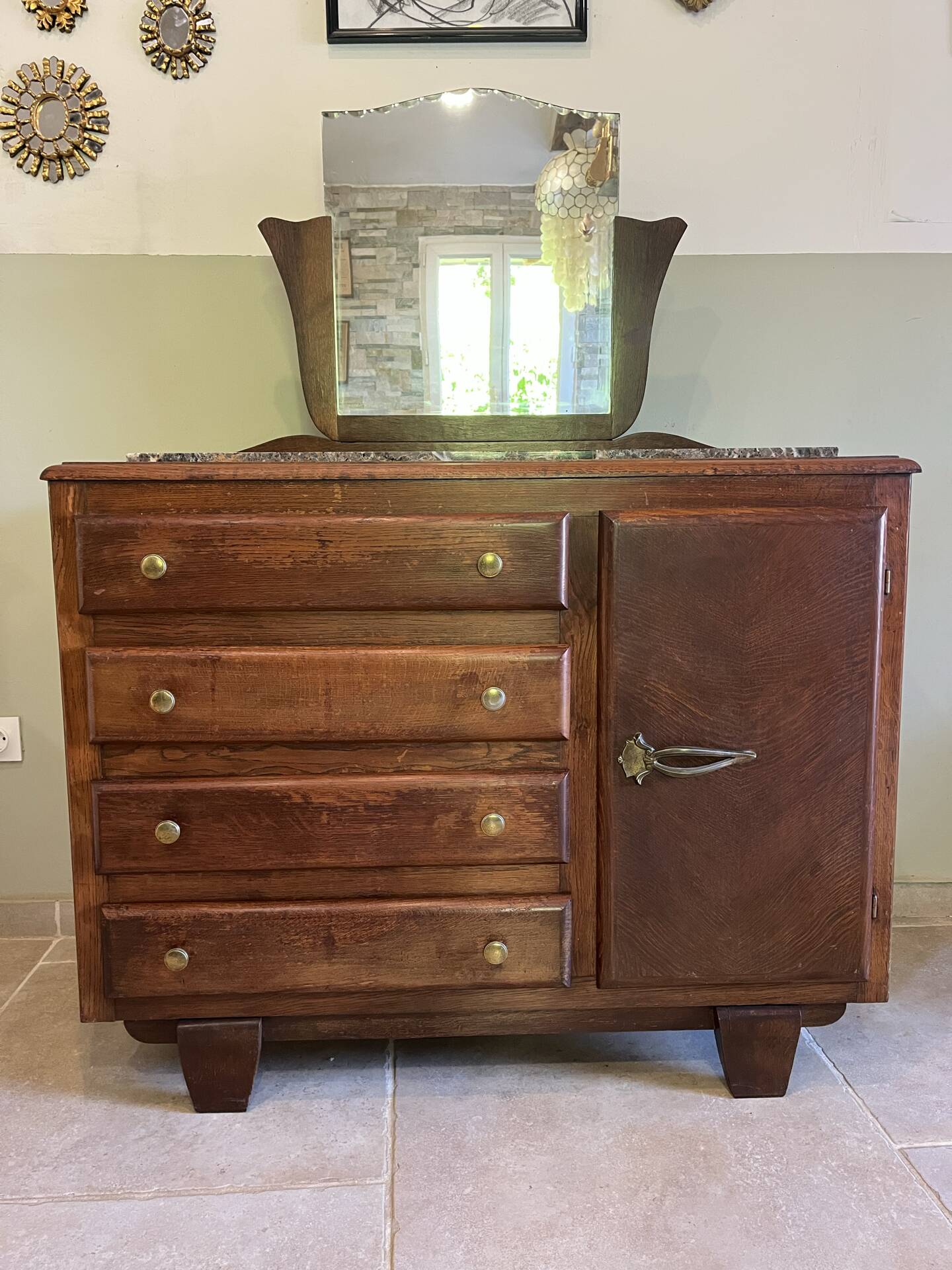 Commode art déco avec miroir biseauté et marbre
