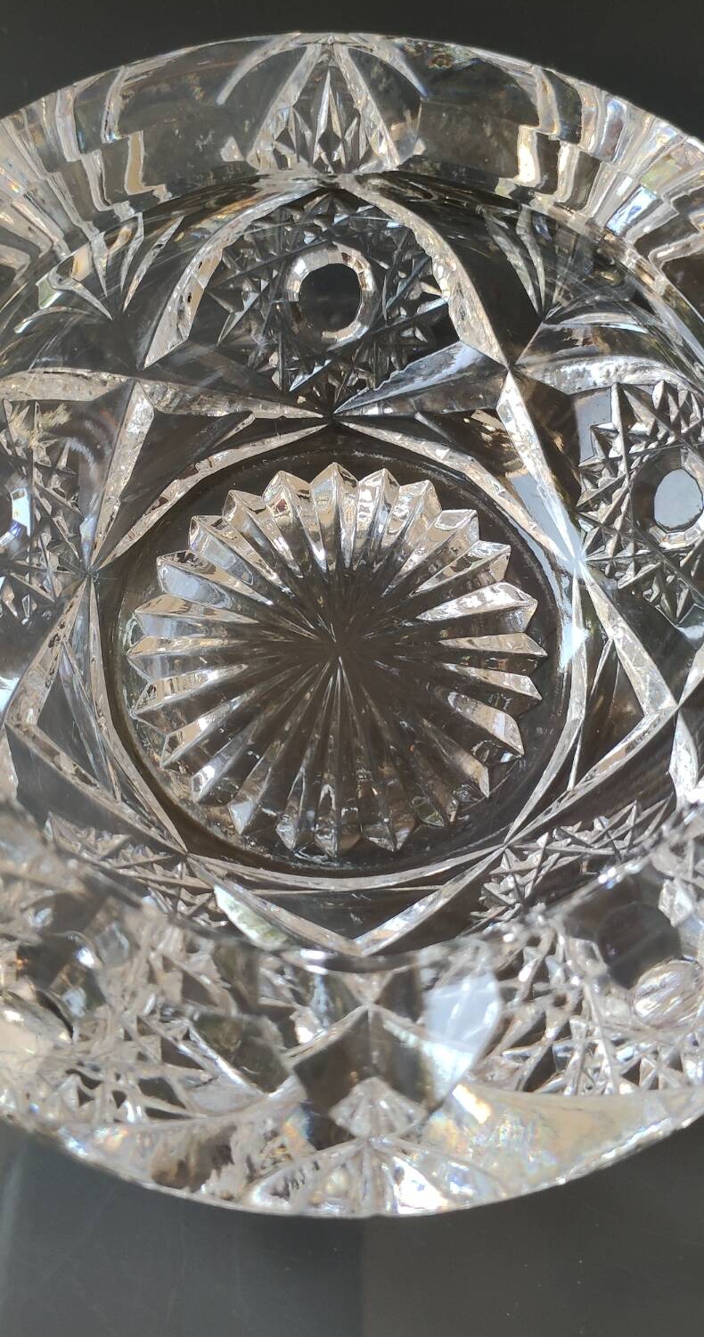 Bohemian cut crystal ashtray/pocket tray. Star/cross-hatched motifs.