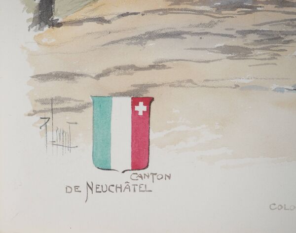 René LEVERD : Suisse, Château de Colombier, aquarelle originale signée