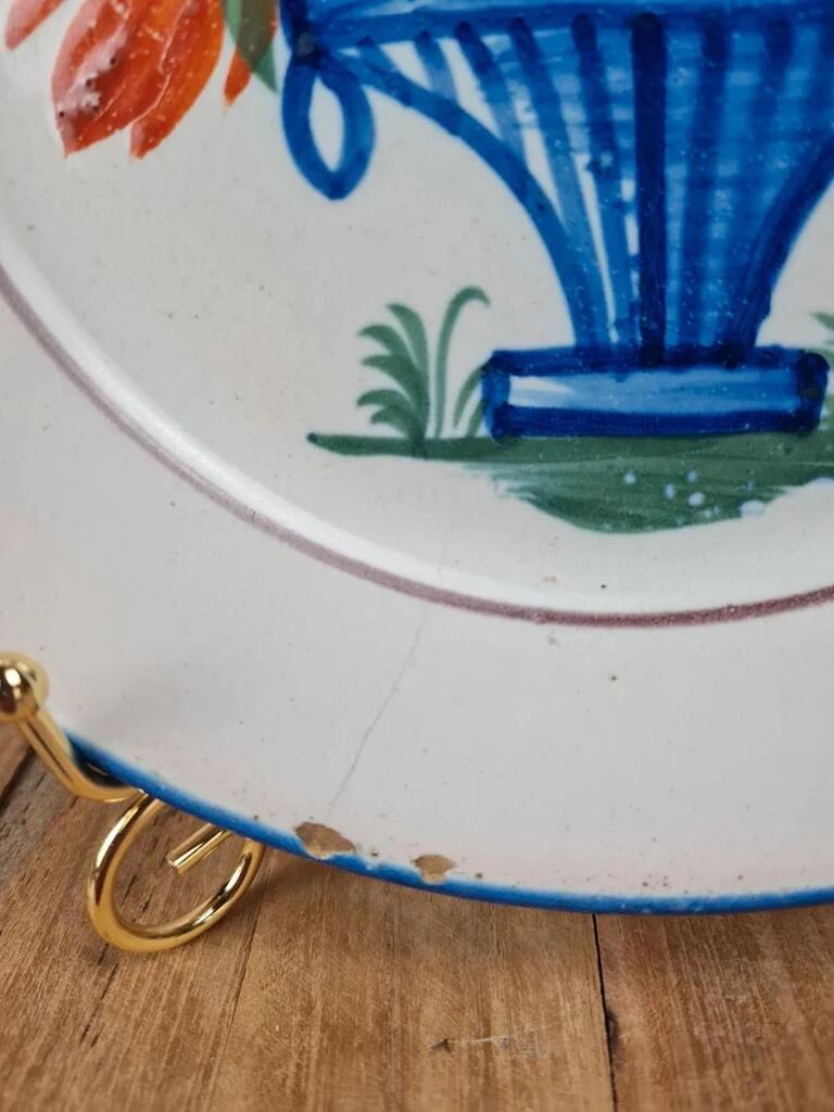 Antique hollow plate in earthenware 🌿 basket of flowers decoration, Rouen Desvres style