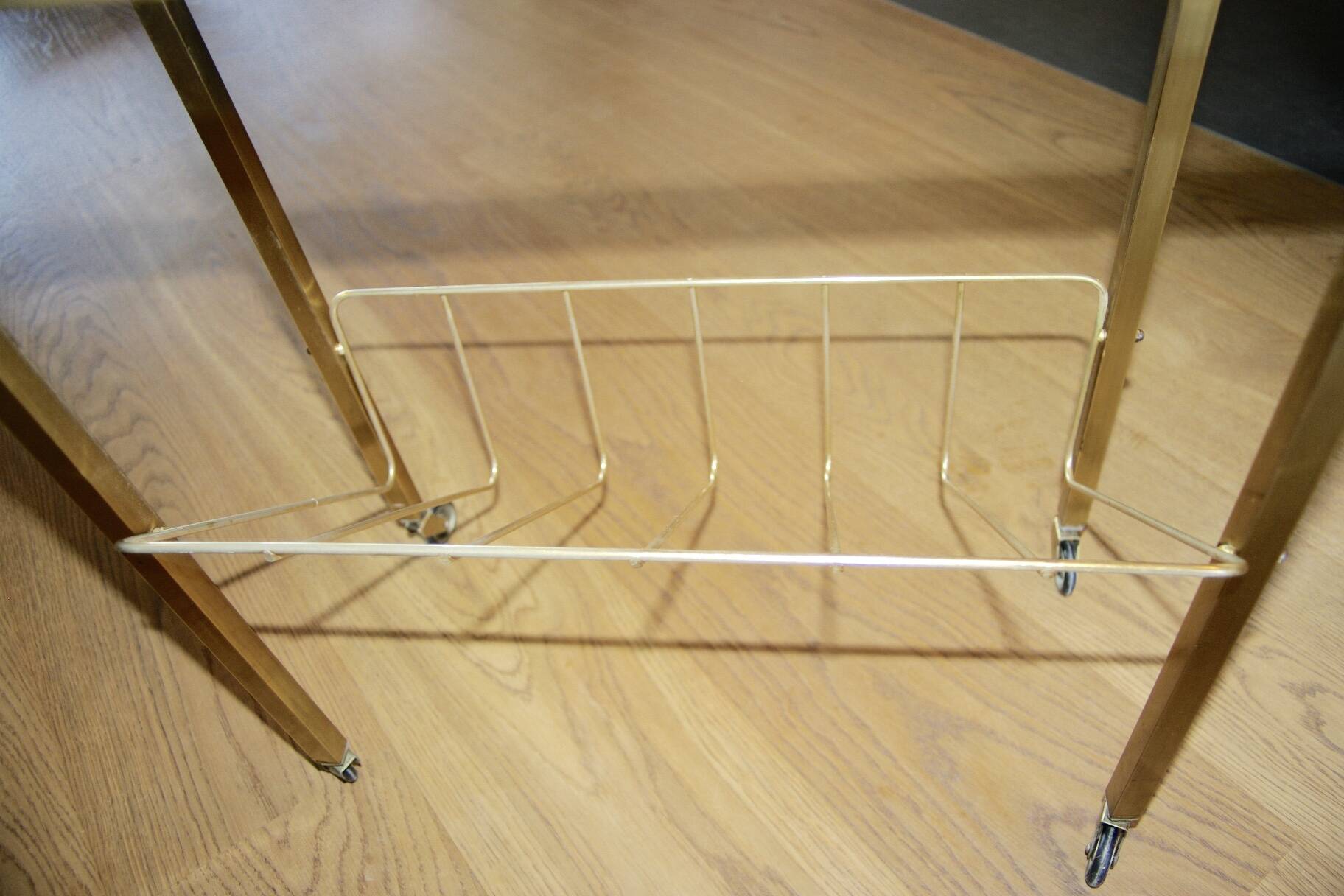 Vintage side table with brass and glass magazine rack