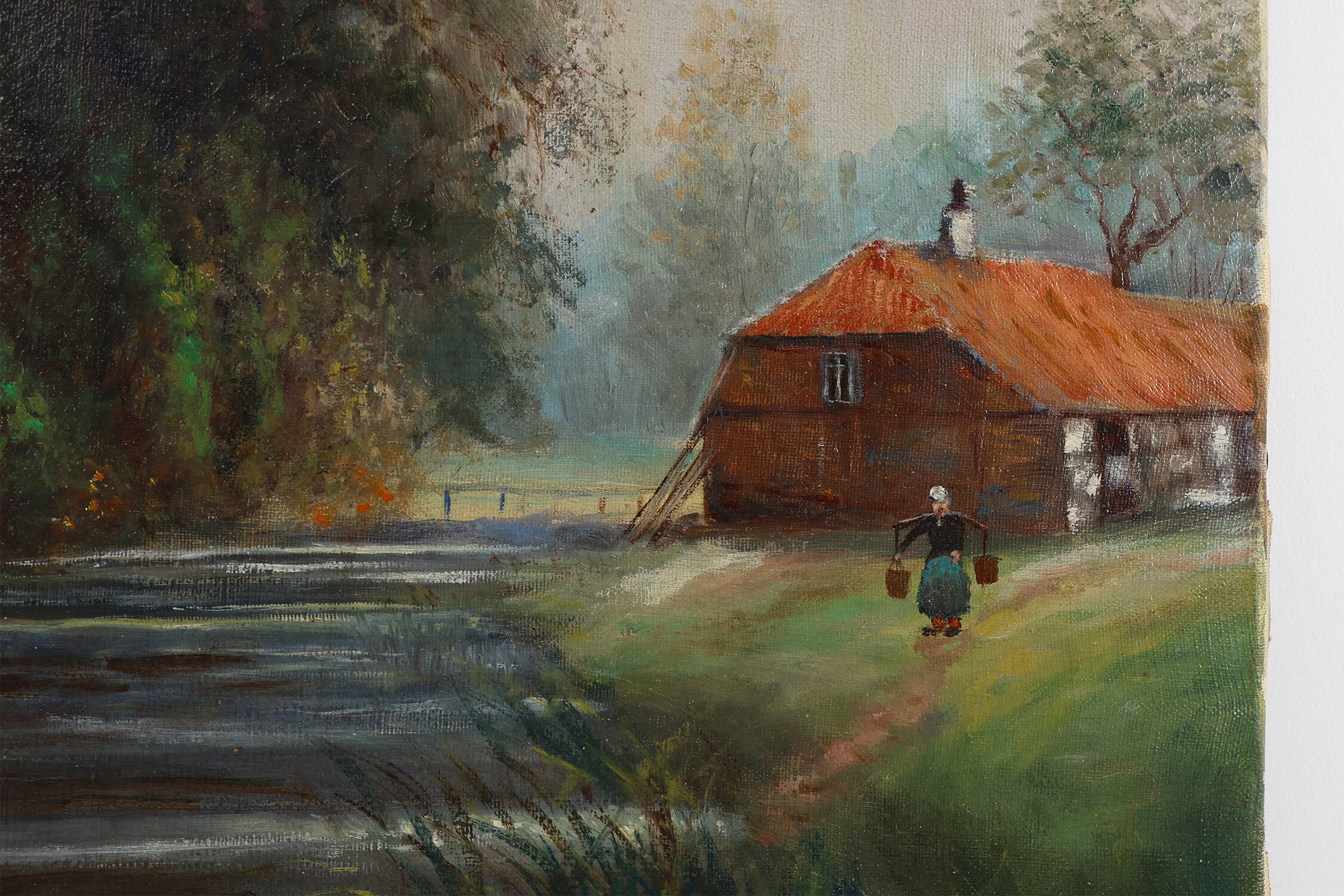 Rustic Farmstead Painting by E. Depriens in Oil on Canvas, Belgium ca. 1930