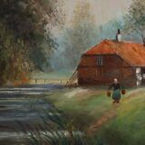 Rustic Farmstead Painting by E. Depriens in Oil on Canvas, Belgium ca. 1930