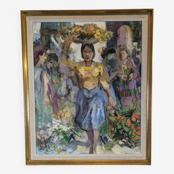 Huile sur panneau "Marchande de fleurs" par Jean GILIS (1897-1990)