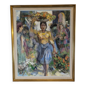 Huile sur panneau "Marchande de fleurs" par Jean GILIS (1897-1990)