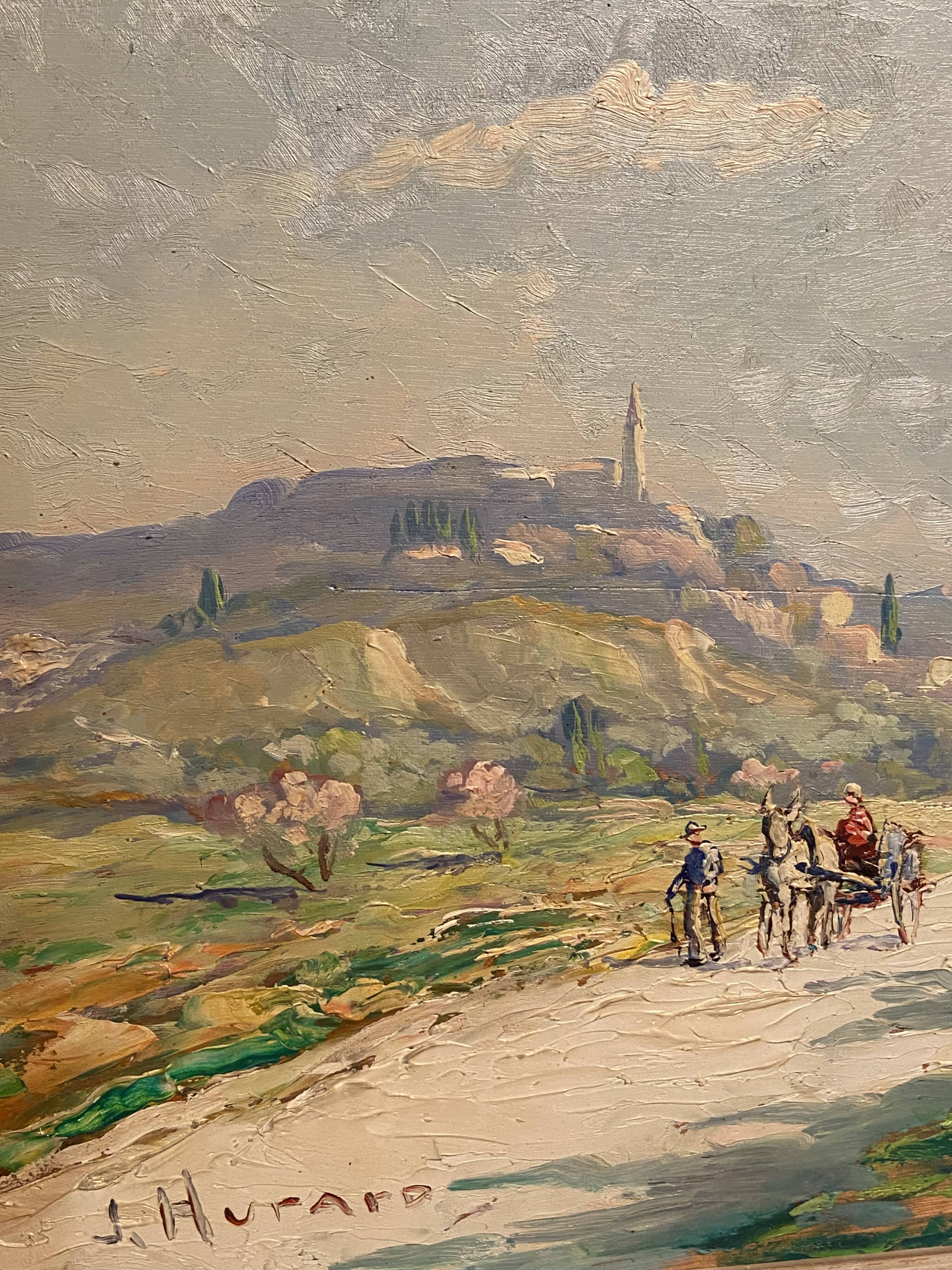Landscape painting view from the village of Les Angles, Gard, Avignon, Hurard 1887-1956