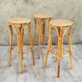 Set of 3 vintage rattan and bamboo stools