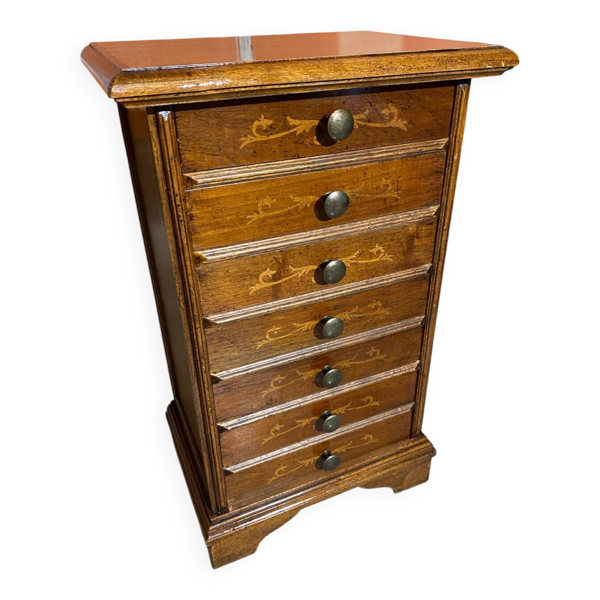 Semainier Ancien Meuble Bois 7 Tiroirs Marqueterie Poignées Métal Vint