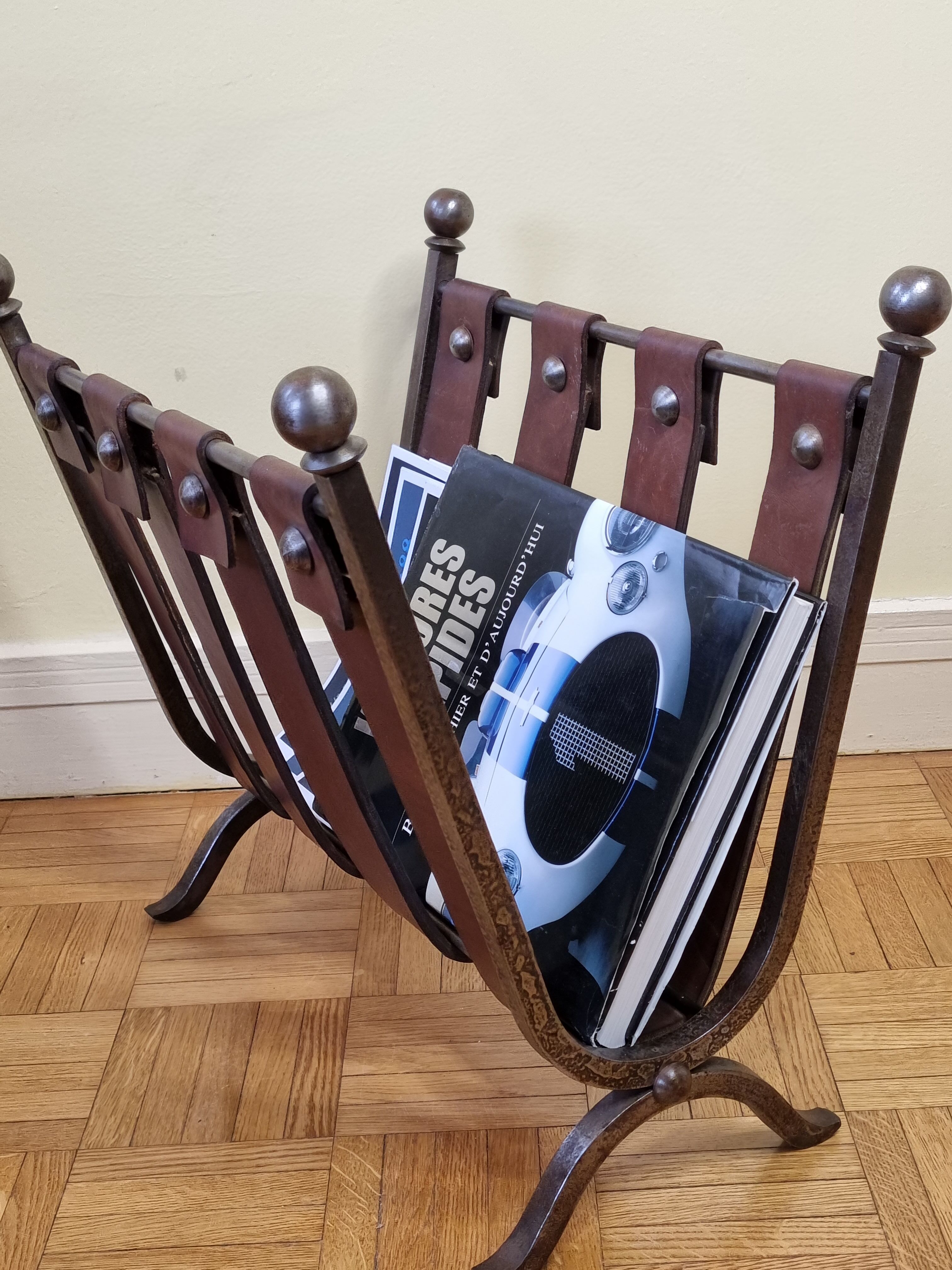 Magazine door in leather and forged metal, brutalist, 50s