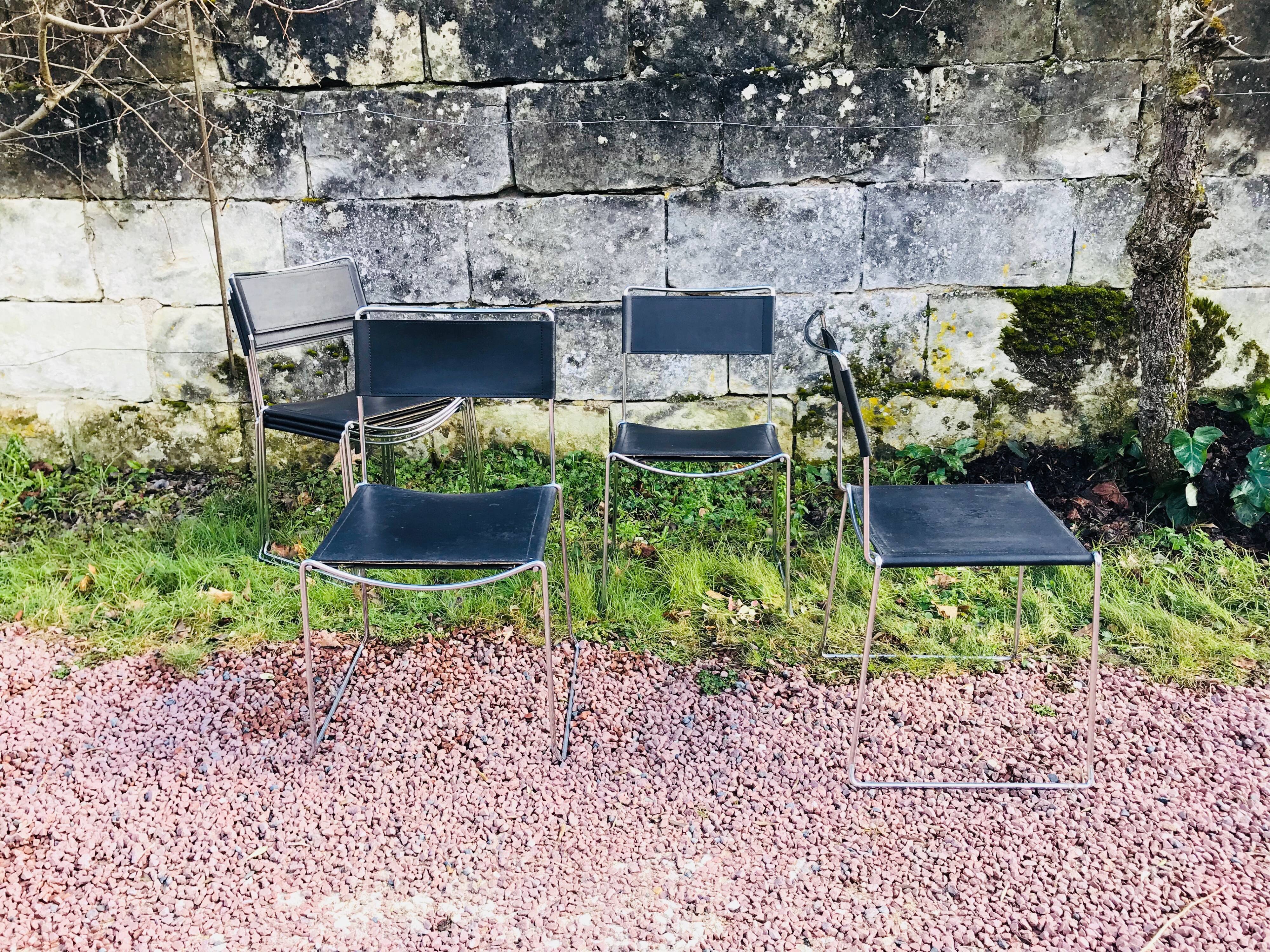 Lot of 6 design black leather and chrome chairs