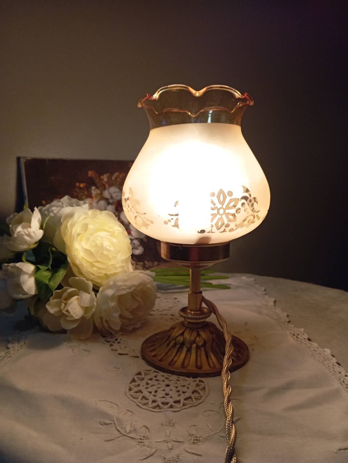 Bronze foot table lamp, satin amber lampshade, circa 1960