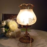 Bronze foot table lamp, satin amber lampshade, circa 1960