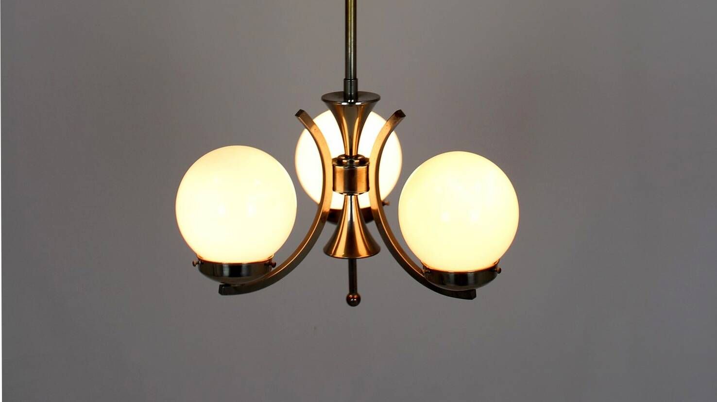 Vintage Czech Bauhaus style pendant light, tall, with opaline glass globes, 1940s