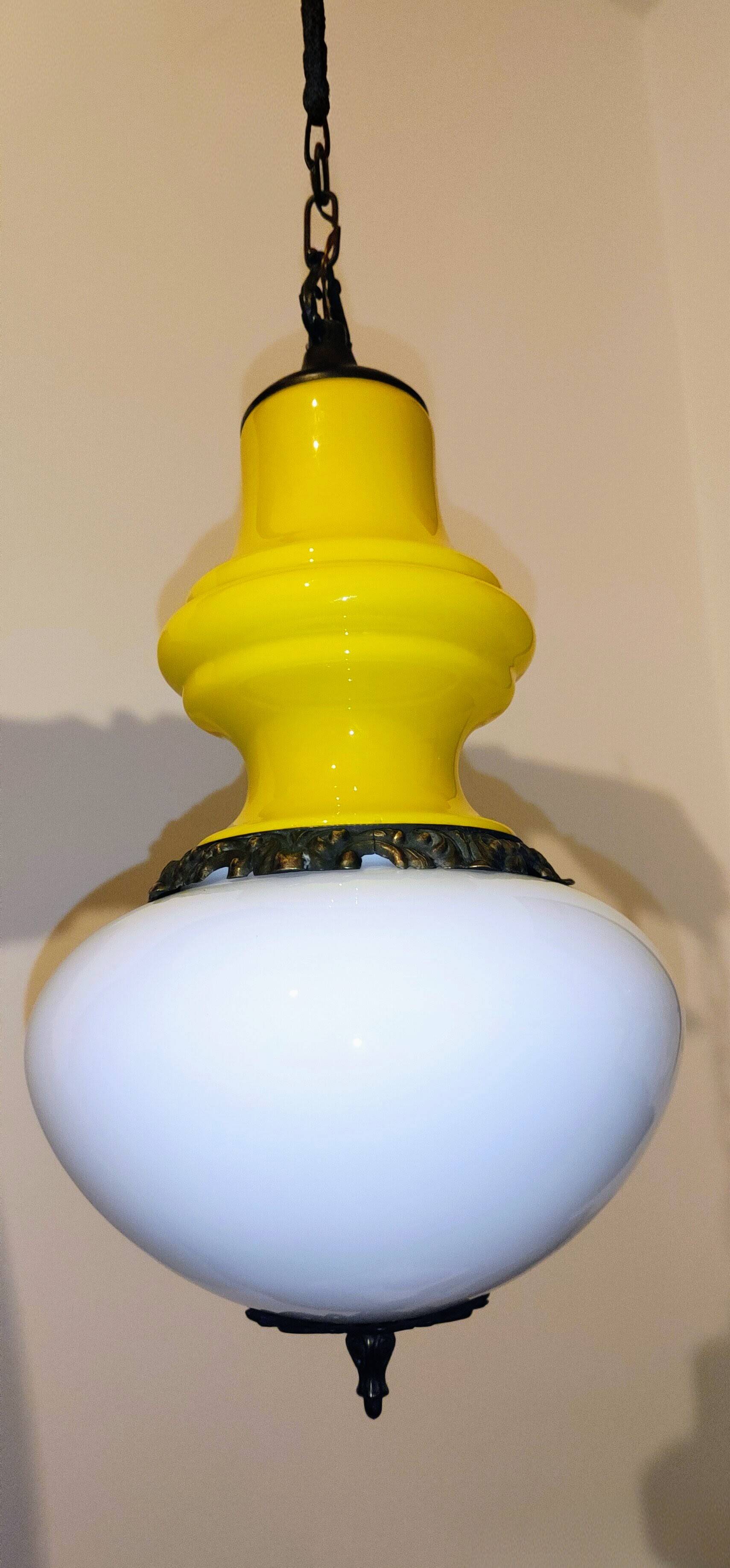 Opaline glass and brass suspension, Italy, 1960s.