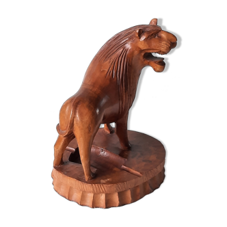 Ashtray carved wood lion standing 20th