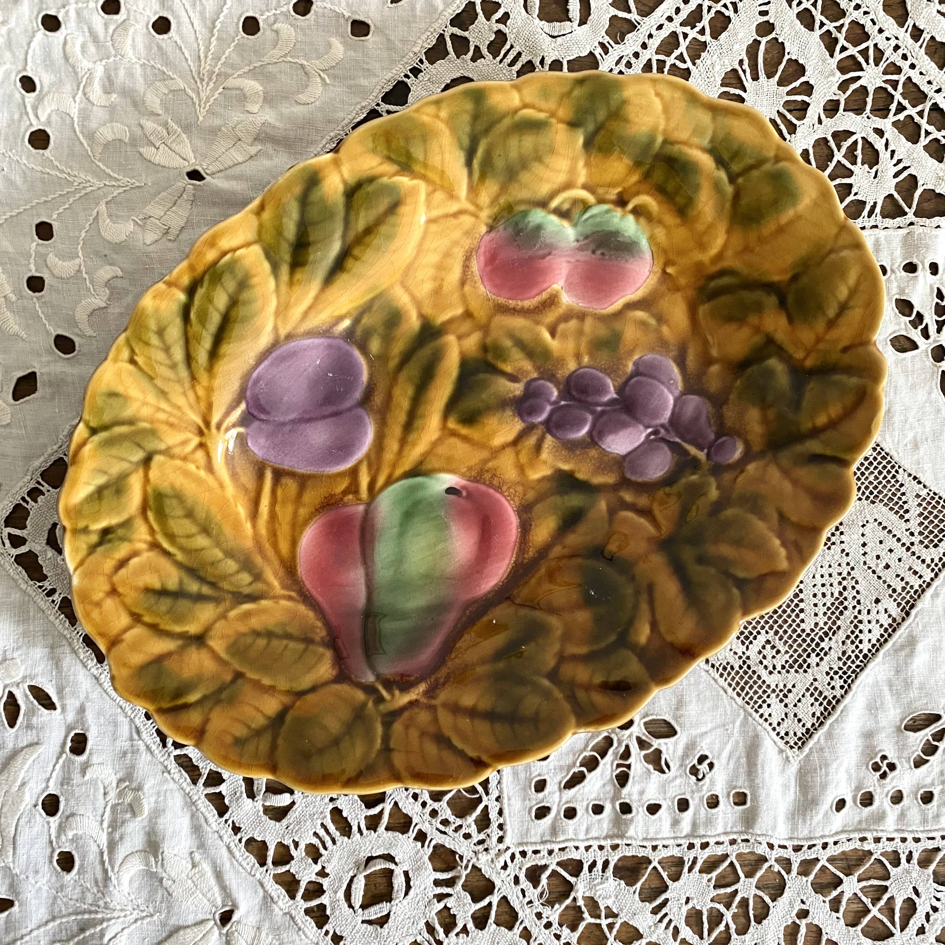 Sarreguemines barbotine oval dish with fruit decoration