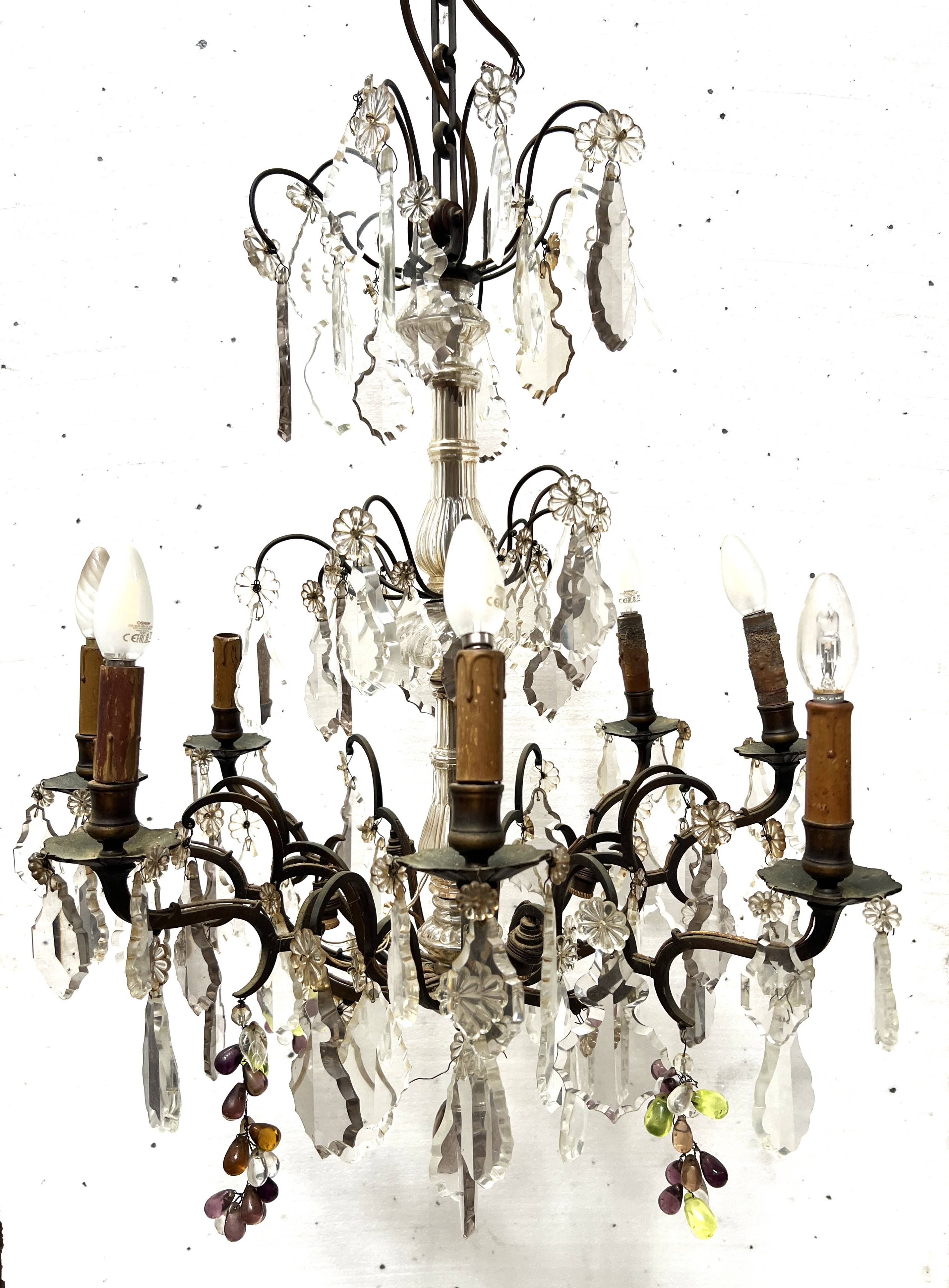Louis XV style chandelier with pendants and colored glass fruits, 20th century