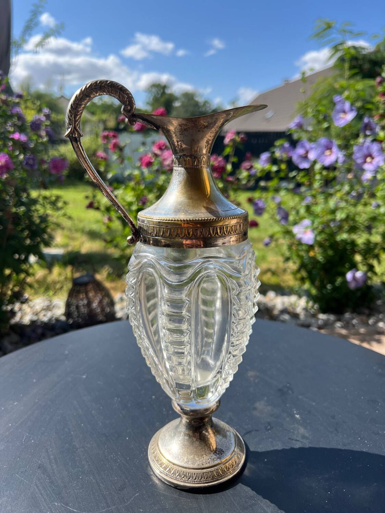 Ewer in molded Murano Venetian glass and metal