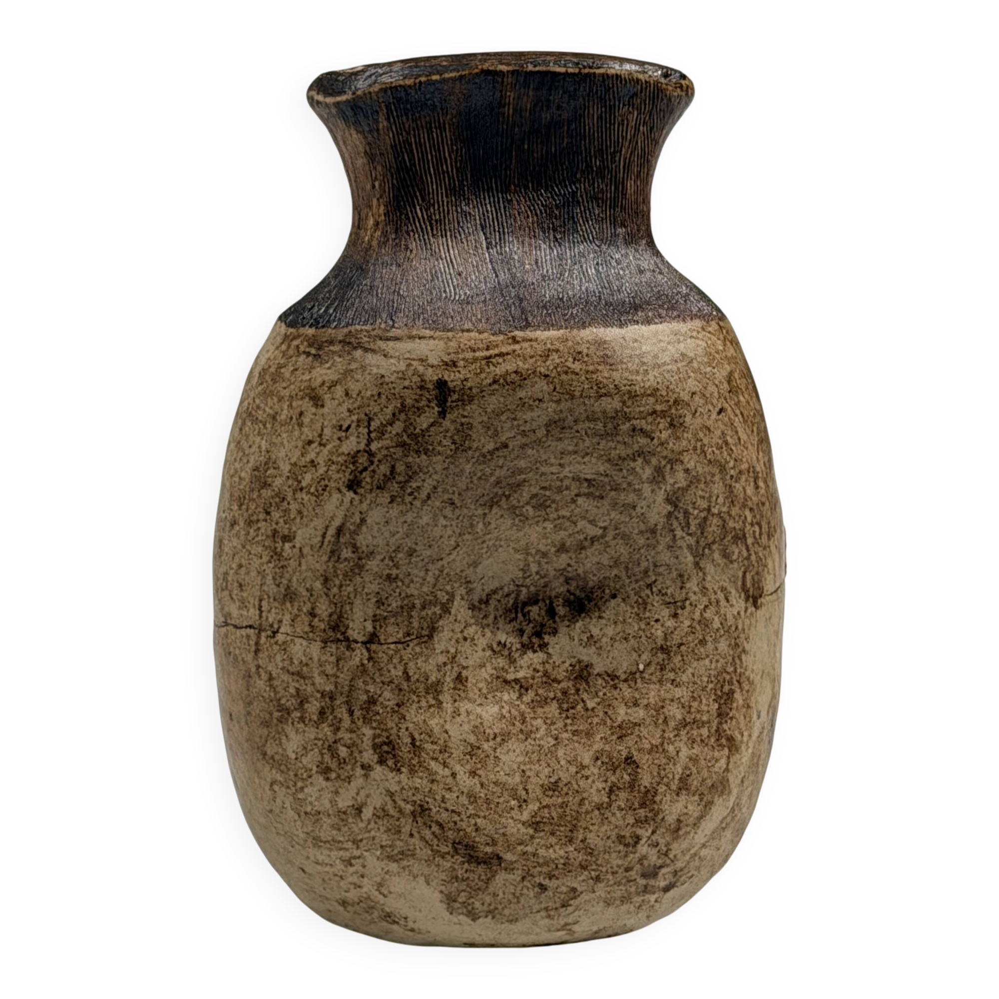 Small brutalist stoneware vase with a ribbed neck, France, circa 1960.