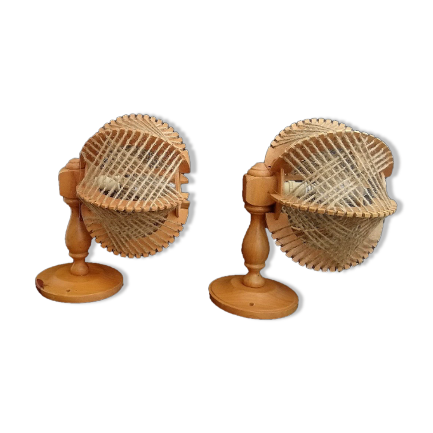 Pair of wooden wood straw wall sconce lamps rustic vintage France